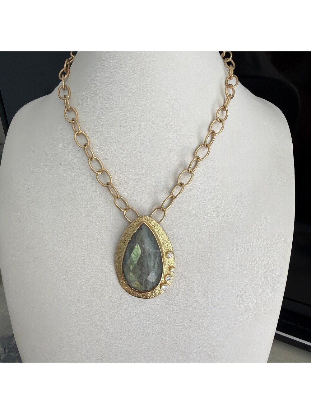 Labradorite Statement Necklace, Gold Teardrop Pendant, Malinda Maria.